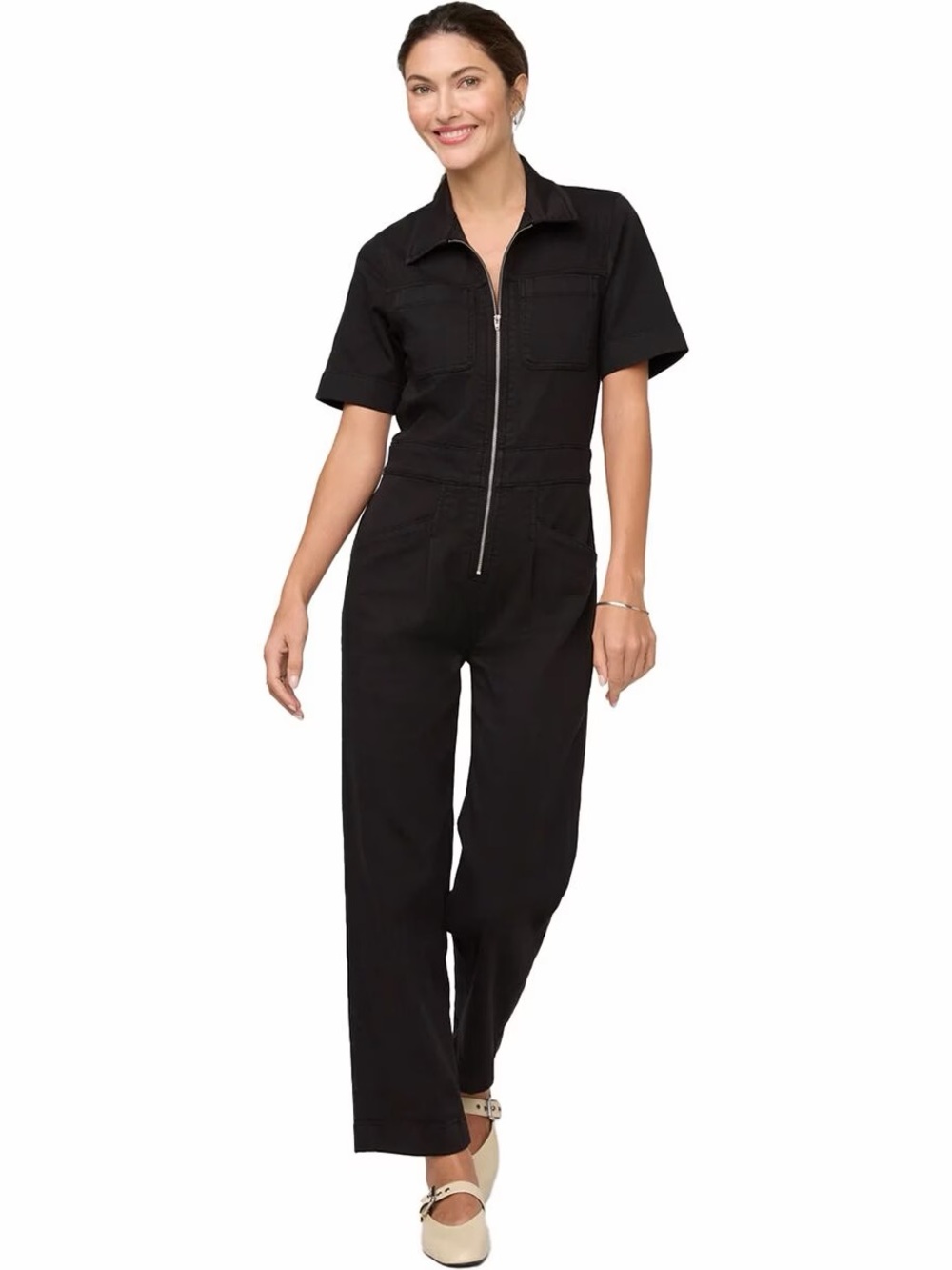 DU/ER Luxtwill Boiler Suit Black Short-Sleeve Zip-Front Utility Jumpsuit - NWT